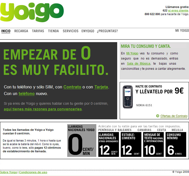 P�gina de inicio de la web de Yoigo.