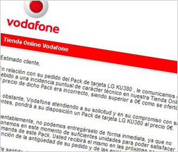 Vodafone rectifica y anula numerosas cancelaciones ilegales en los pedidos del m�vil que ofert� por 0 euros