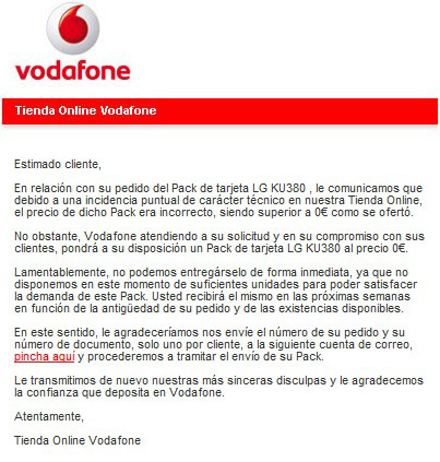 El mensaje de correo electr�nico remitido por Vodafone.