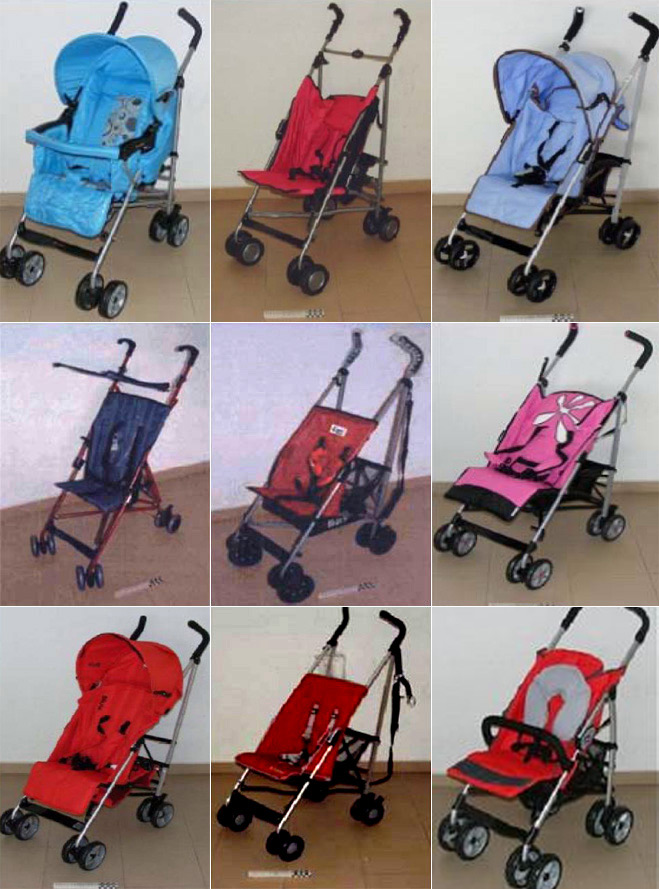 Im�genes de las nueve sillas de paseo incluidas en la red de alerta. De izquierda a derecha y de arriba a abajo, los modelos de las marcas Nurse, Carrefour, Alu, Comptine, Optimits, Hauck, Bruin, Koelstra y Chicco.