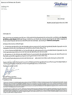 Carta enviada por el Servicio de Defensa del Cliente de Telef�nica a un usuario que reclam� por el cobro de la identificaci�n de llamadas.