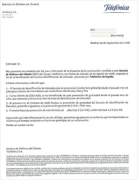 Carta enviada por el Servicio de Defensa del Cliente de Telef�nica a un usuario que reclam� por el cobro de la identificaci�n de llamadas.