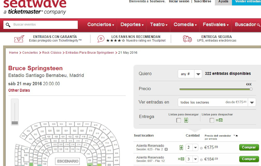 Pantallazo de la web de Seatwave. Pantallazo de la web de Seatwave.