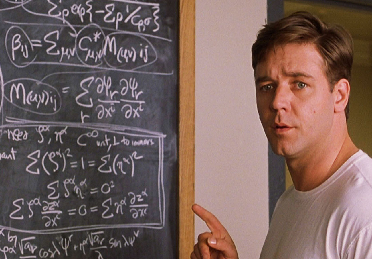 Crowe, en Una mente maravillosa, rodeado de fórmulas matemáticas.