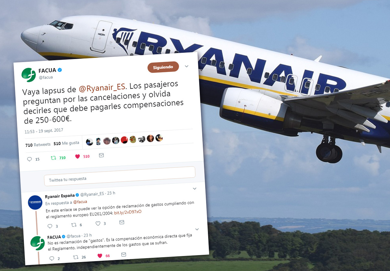 Ryanair intenta despistar en las redes: tergiversa qué dice la ley y omite el derecho a compensación Ryanair intenta despistar en las redes: tergiversa qué dice la ley y omite el derecho a compensación