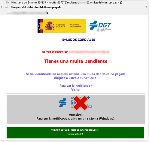 Ejemplo del correo fraudulento que suplanta a la DGT. | Imagen: OSI.