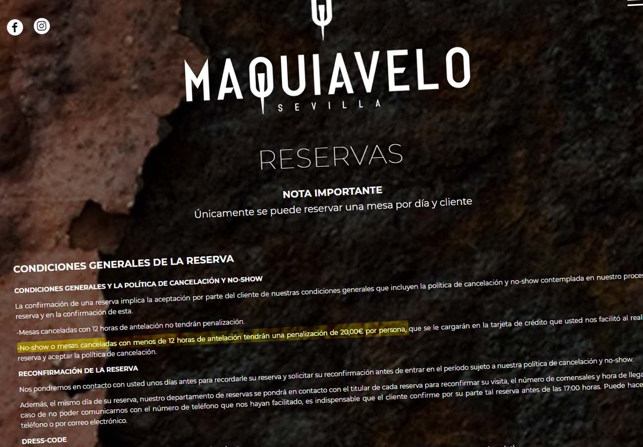 Captura de pantalla de la web de uno de los restaurantes denunciados por FACUA Sevilla.