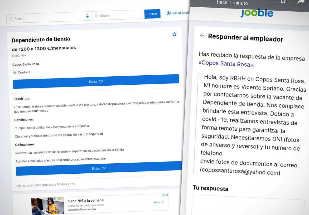 FACUA Córdoba alerta de una falsa oferta de empleo en Jooble para la tienda Copos que pide foto del DNI