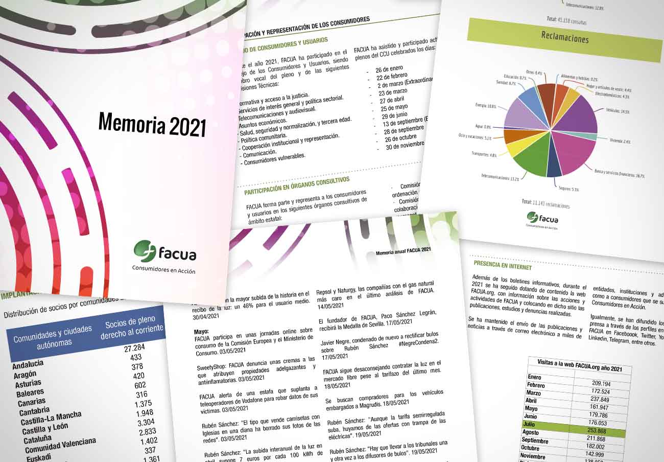 FACUA publica su 'Memoria 2021' con el balance de actuaciones y sus cuentas anuales