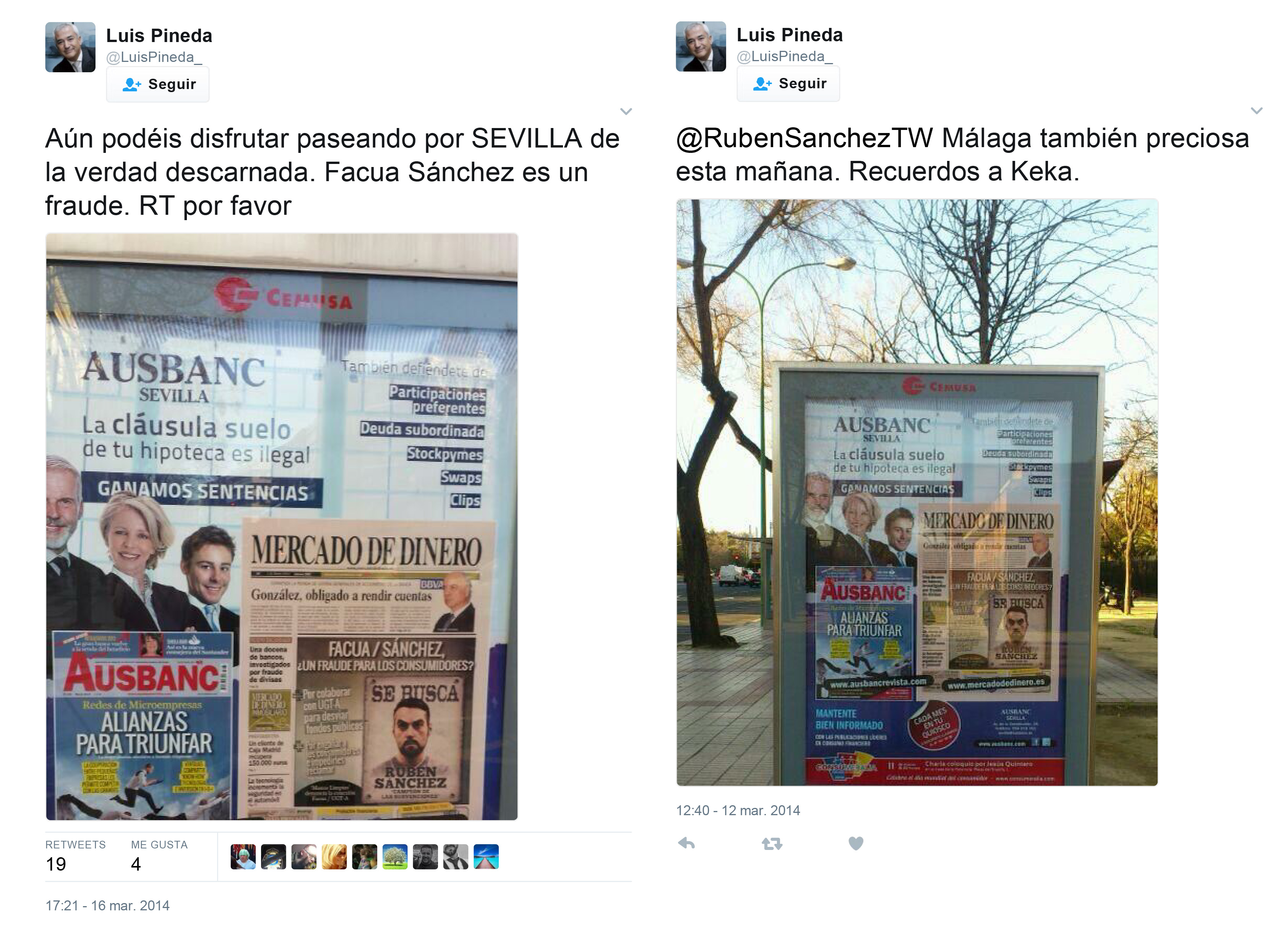 Dos de los tuits con los que Luis Pineda dio difusión a los carteles que contrató en Sevilla y Málaga para difamar a FACUA y sus dirigentes. | Imagen: FACUA.