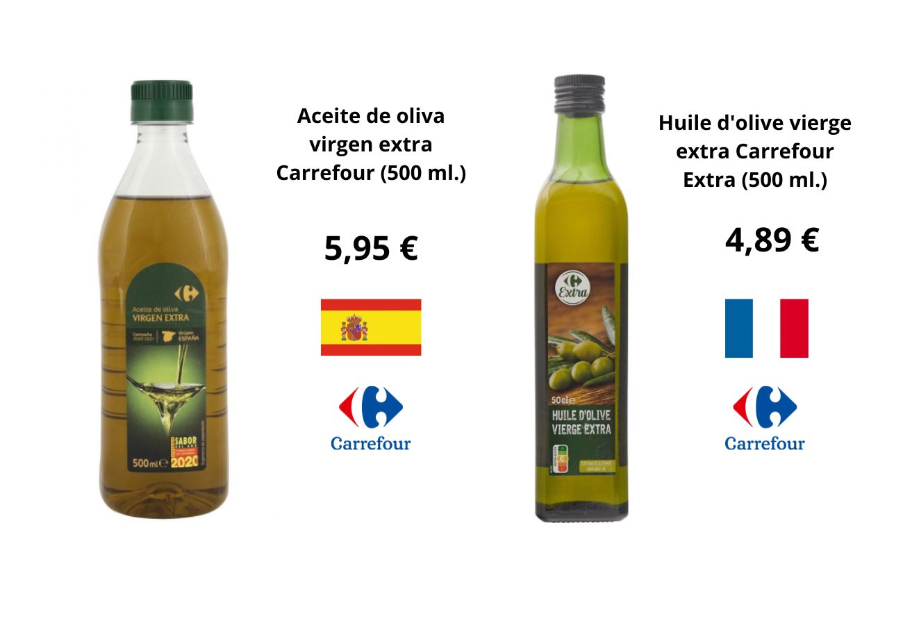 Carrefour vende en Francia su marca blanca de virgen extra hasta 2 euros/litro más barata que en España